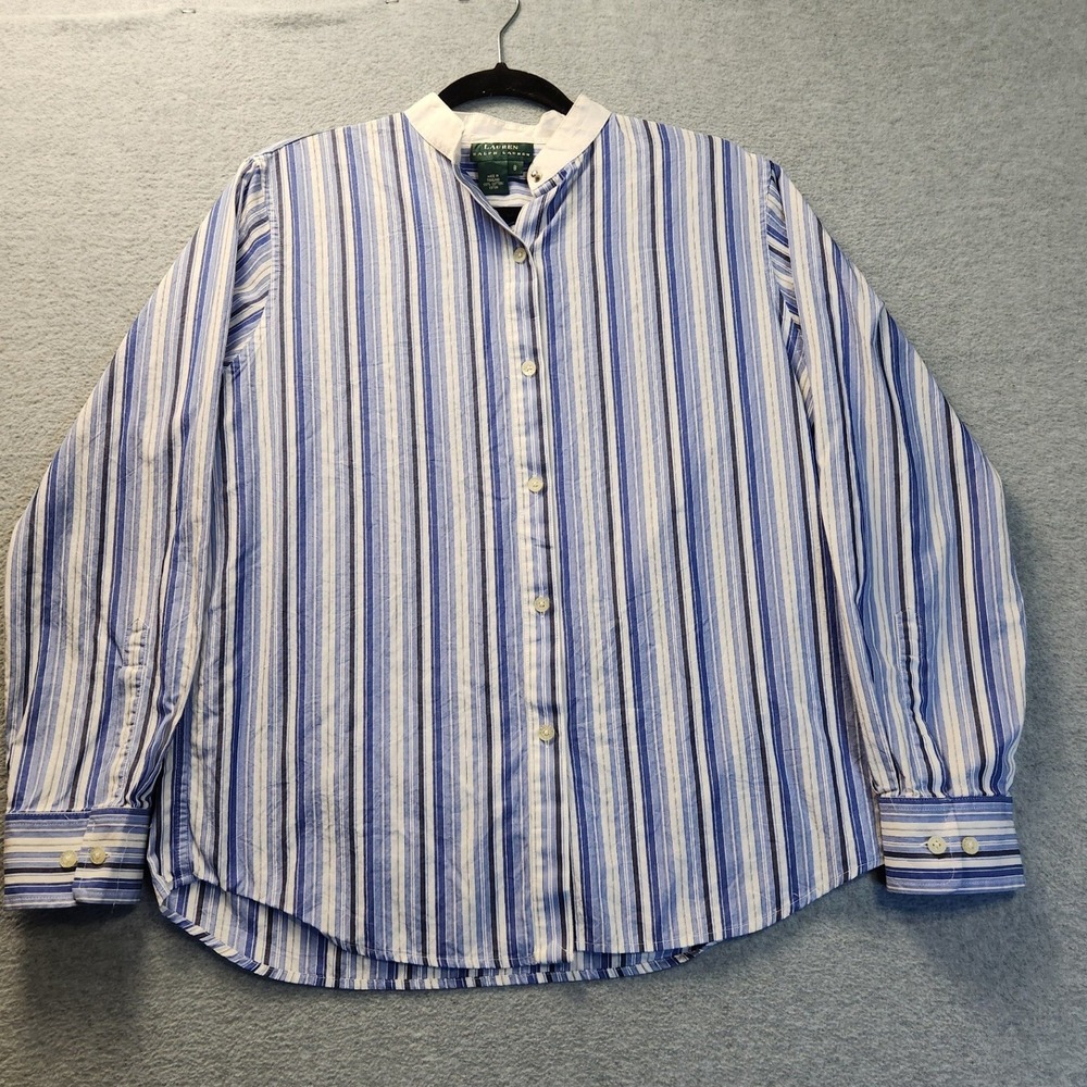 Lauren Ralph Lauren Button Down Shirt Women 8 Blue White Stripe Mandarin Collar